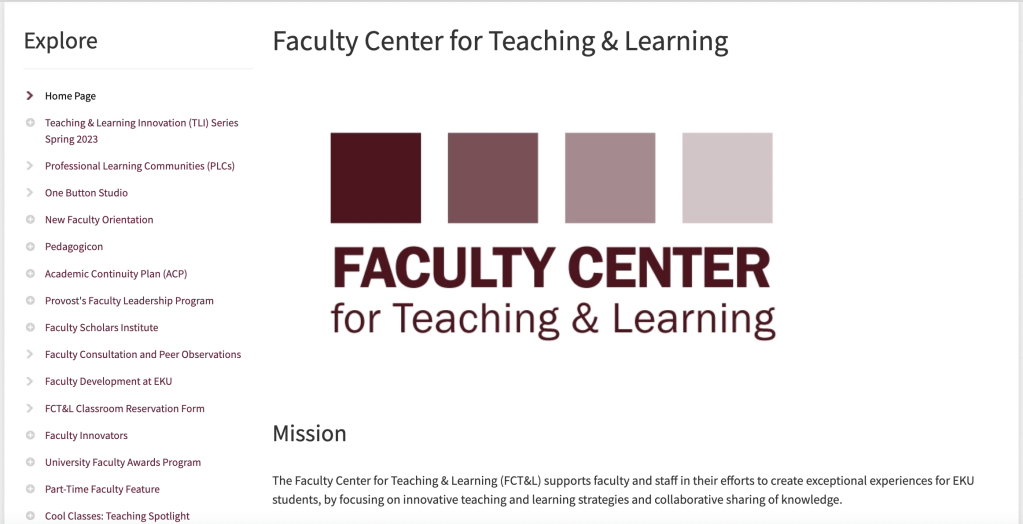 Screenshot of the original Faculty Center for Teaching & Learning homepage showcasing the long, unorganized left-side navigation menu.
