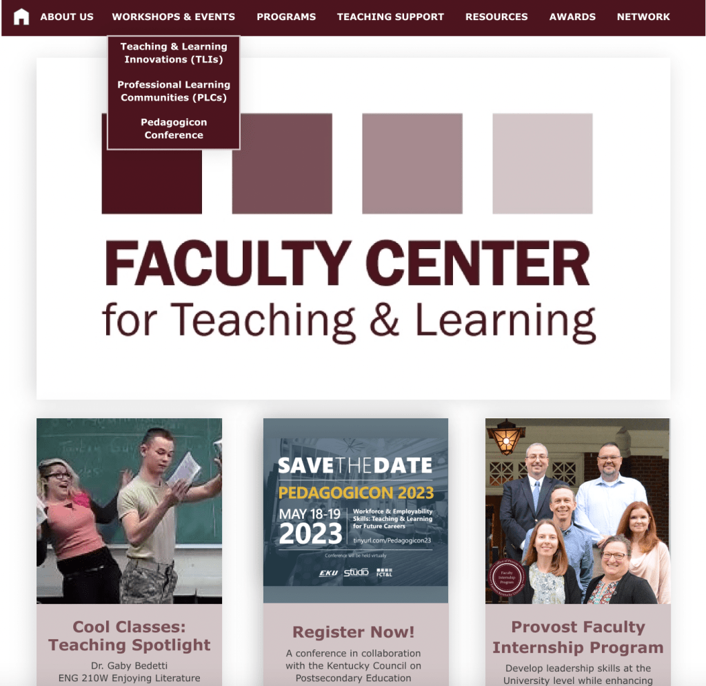 Screenshot of the redesigned Faculty Center for Teaching & Learning homepage featuring a cleaner, more organized top menu navigation and engaging and highly visual featured stories.